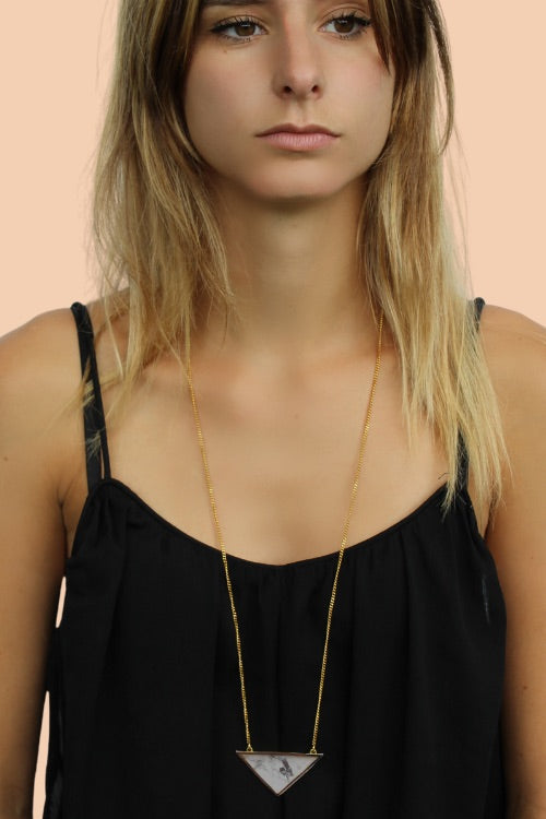 Long Iris Necklace - Gold Plated, White Marble